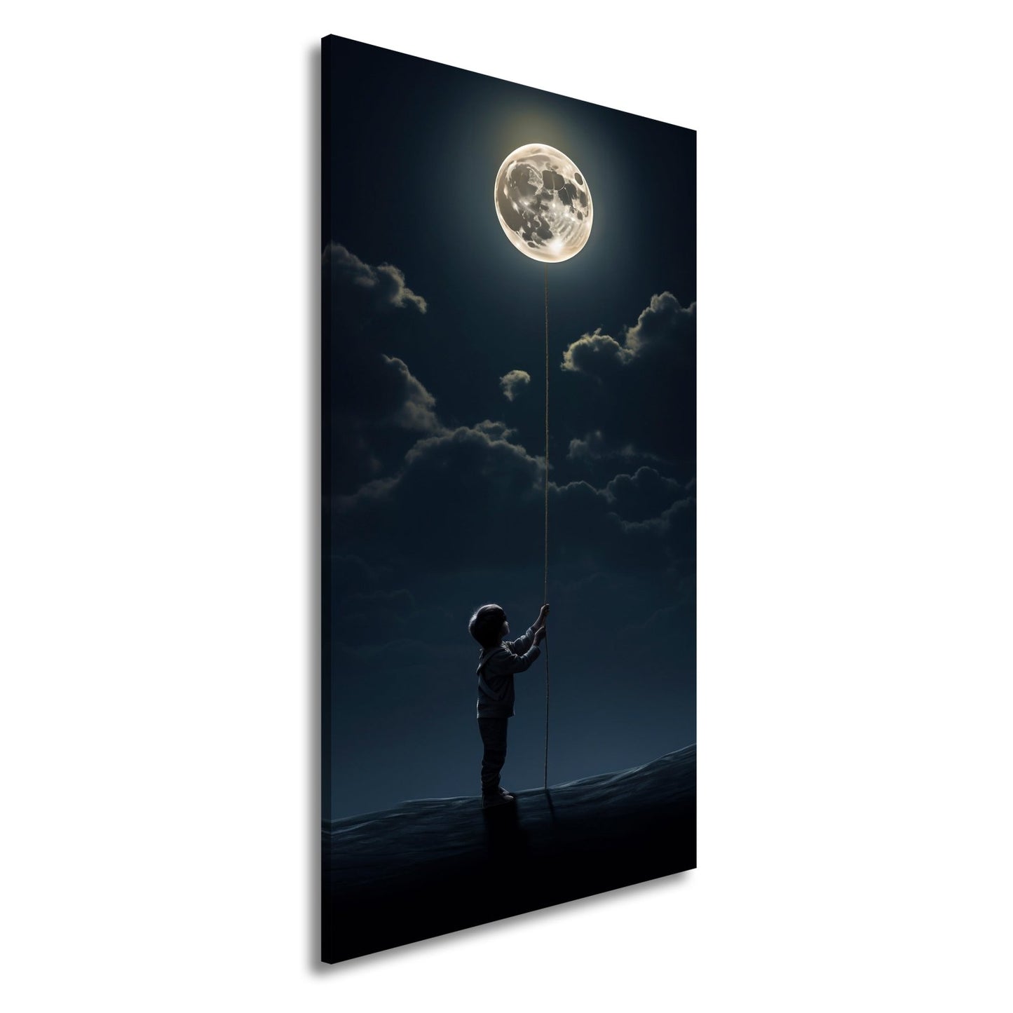 Leinwandbild Kind hält den Mond wie einen Traum an einer Schnur - deyoli