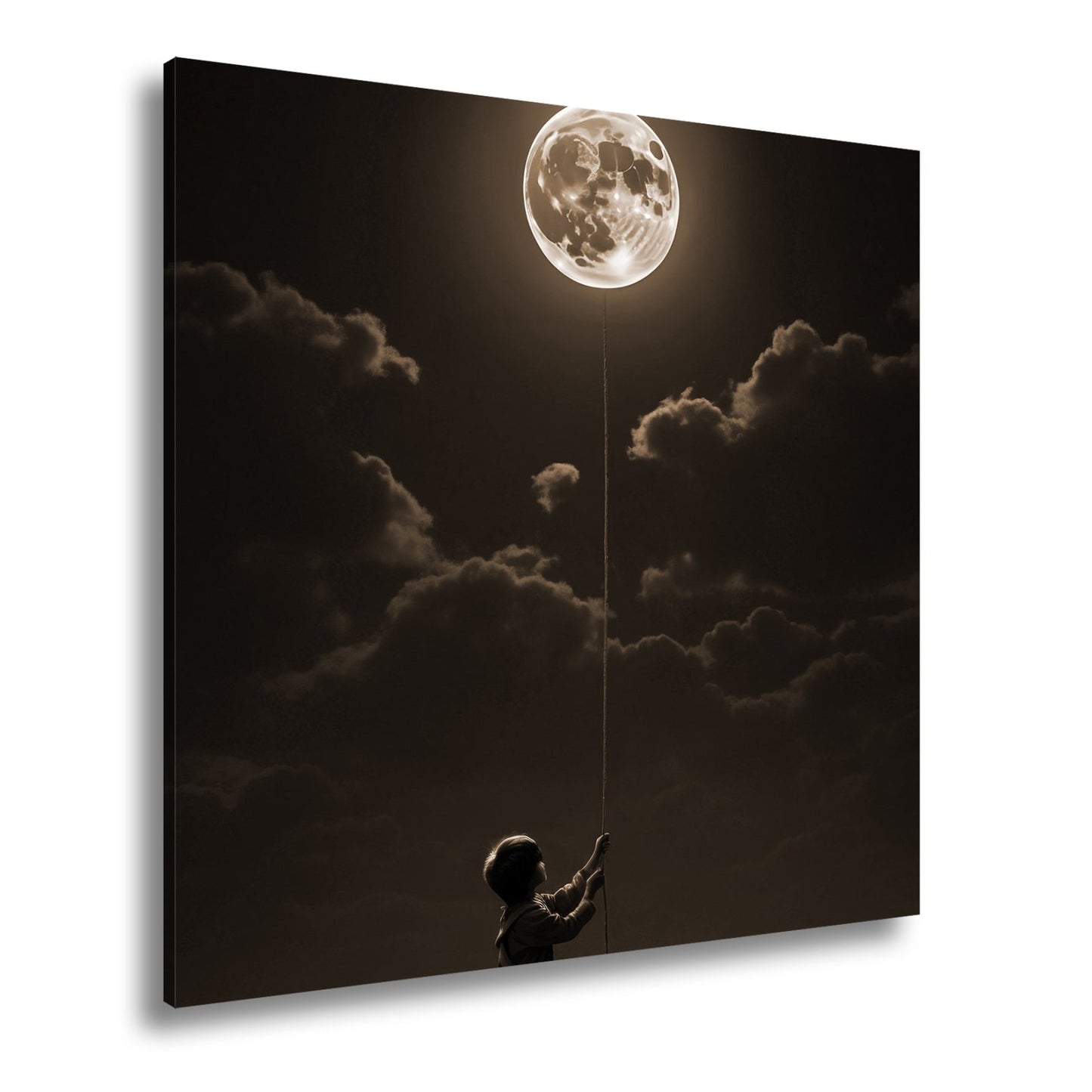 Leinwandbild Kind hält den Mond wie einen Traum an einer Schnur - deyoli