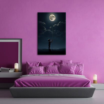 Leinwandbild Kind hält den Mond wie einen Traum an einer Schnur - deyoli