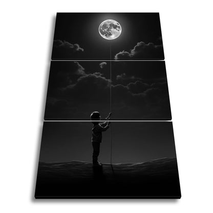 Leinwandbild Kind hält den Mond wie einen Traum an einer Schnur - deyoli