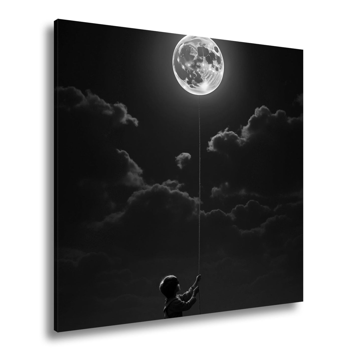 Leinwandbild Kind hält den Mond wie einen Traum an einer Schnur - deyoli