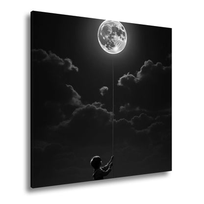 Leinwandbild Kind hält den Mond wie einen Traum an einer Schnur - deyoli
