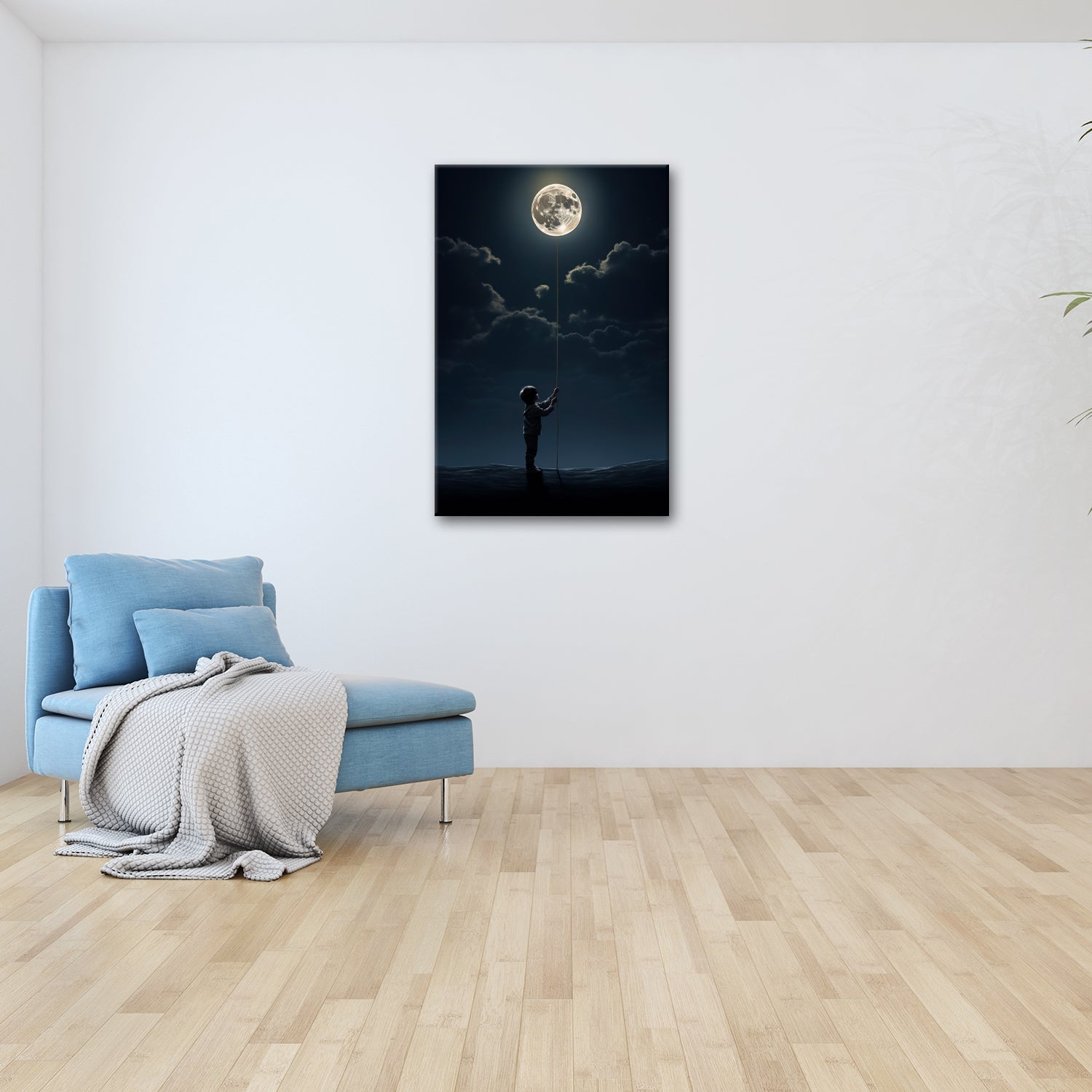 Leinwandbild Kind hält den Mond wie einen Traum an einer Schnur - deyoli