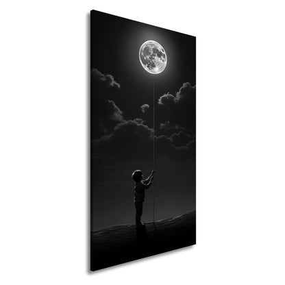 Leinwandbild Kind hält den Mond wie einen Traum an einer Schnur - deyoli