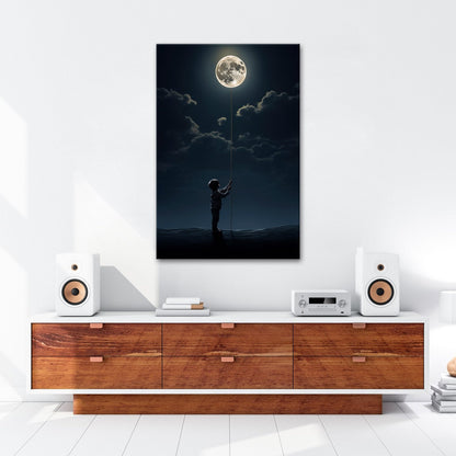 Leinwandbild Kind hält den Mond wie einen Traum an einer Schnur - deyoli
