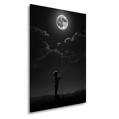 Leinwandbild Kind hält den Mond wie einen Traum an einer Schnur - deyoli