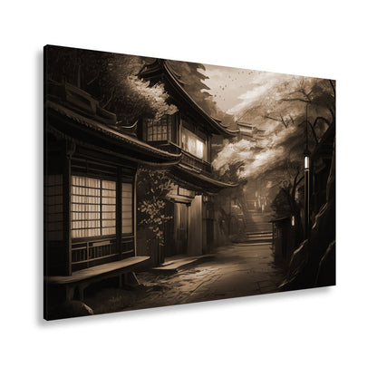 Leinwandbild Kirschblüten Gasse Abendlicht – Romantische Straße XXL Canvas - deyoli