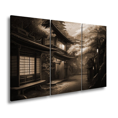 Leinwandbild Kirschblüten Gasse Abendlicht – Romantische Straße XXL Canvas - deyoli
