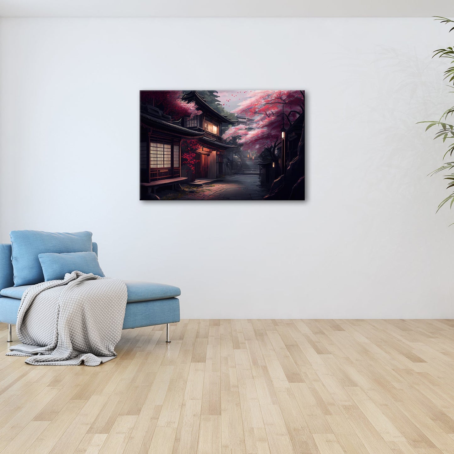 Leinwandbild Kirschblüten Gasse Abendlicht – Romantische Straße XXL Canvas - deyoli