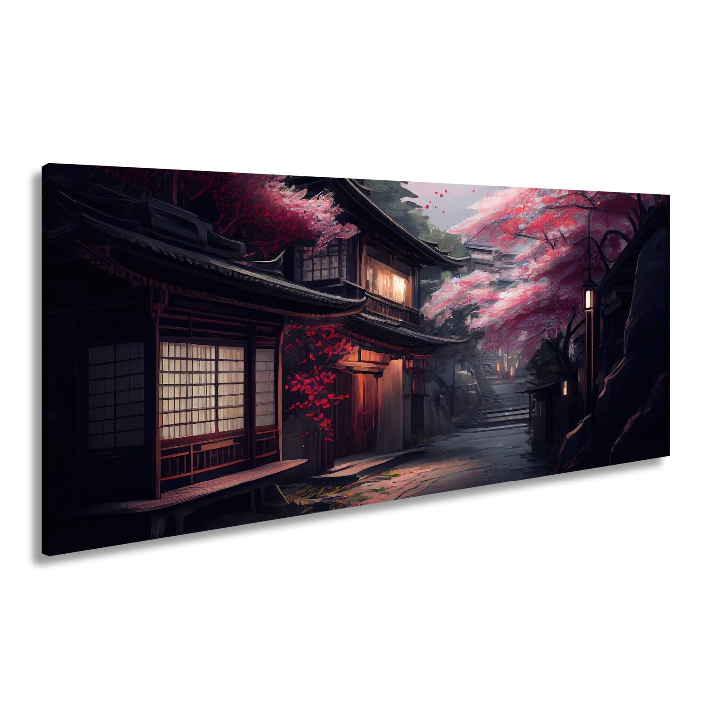 Leinwandbild Kirschblüten Gasse Abendlicht – Romantische Straße XXL Canvas - deyoli