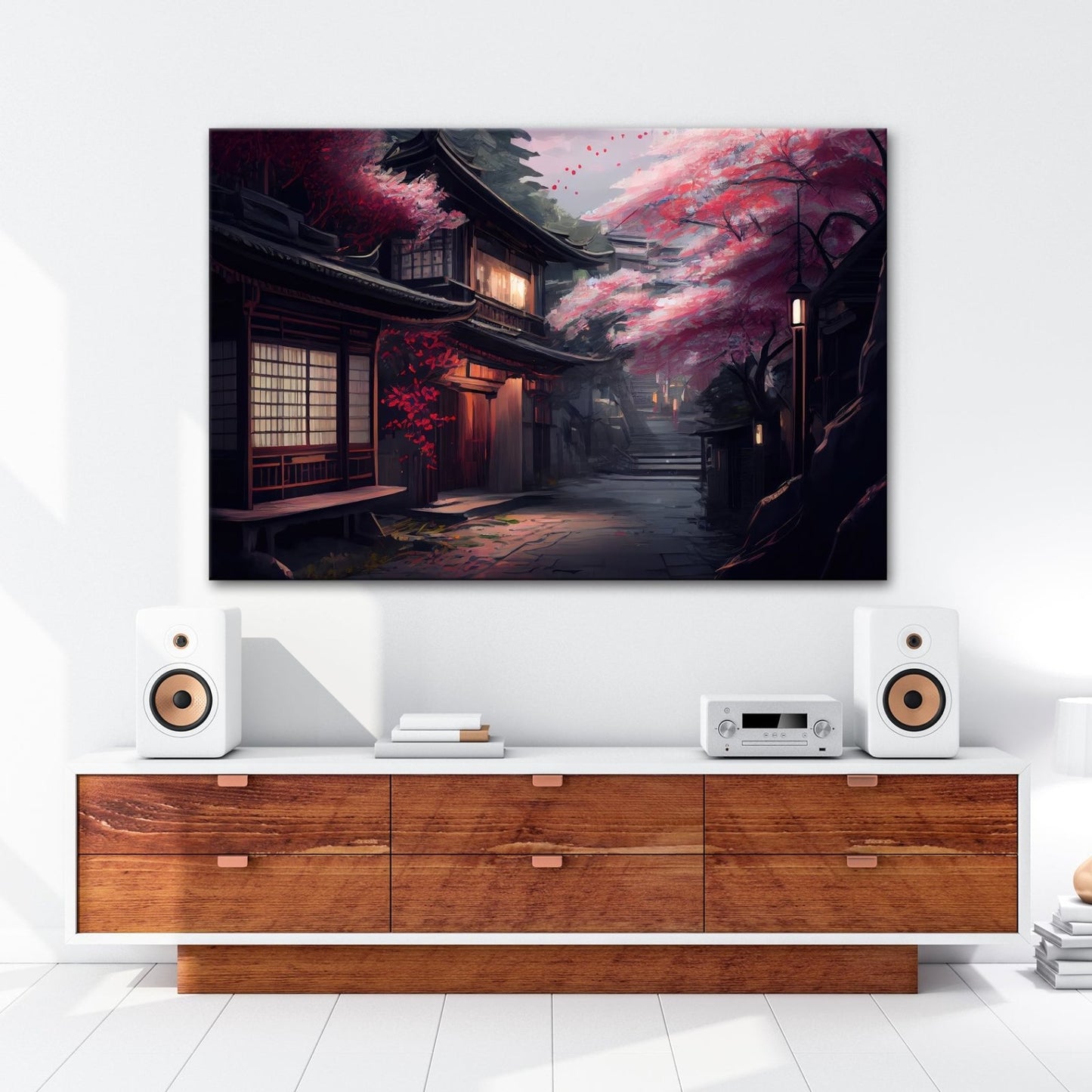 Leinwandbild Kirschblüten Gasse Abendlicht – Romantische Straße XXL Canvas - deyoli