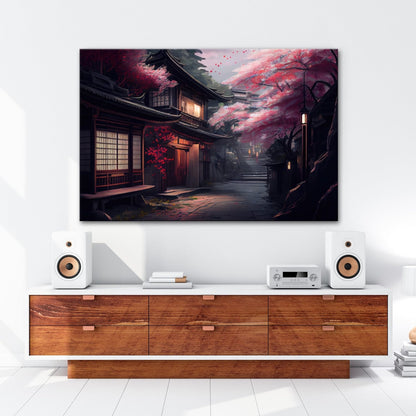 Leinwandbild Kirschblüten Gasse Abendlicht – Romantische Straße XXL Canvas - deyoli