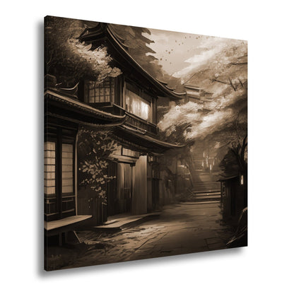 Leinwandbild Kirschblüten Gasse Abendlicht – Romantische Straße XXL Canvas - deyoli