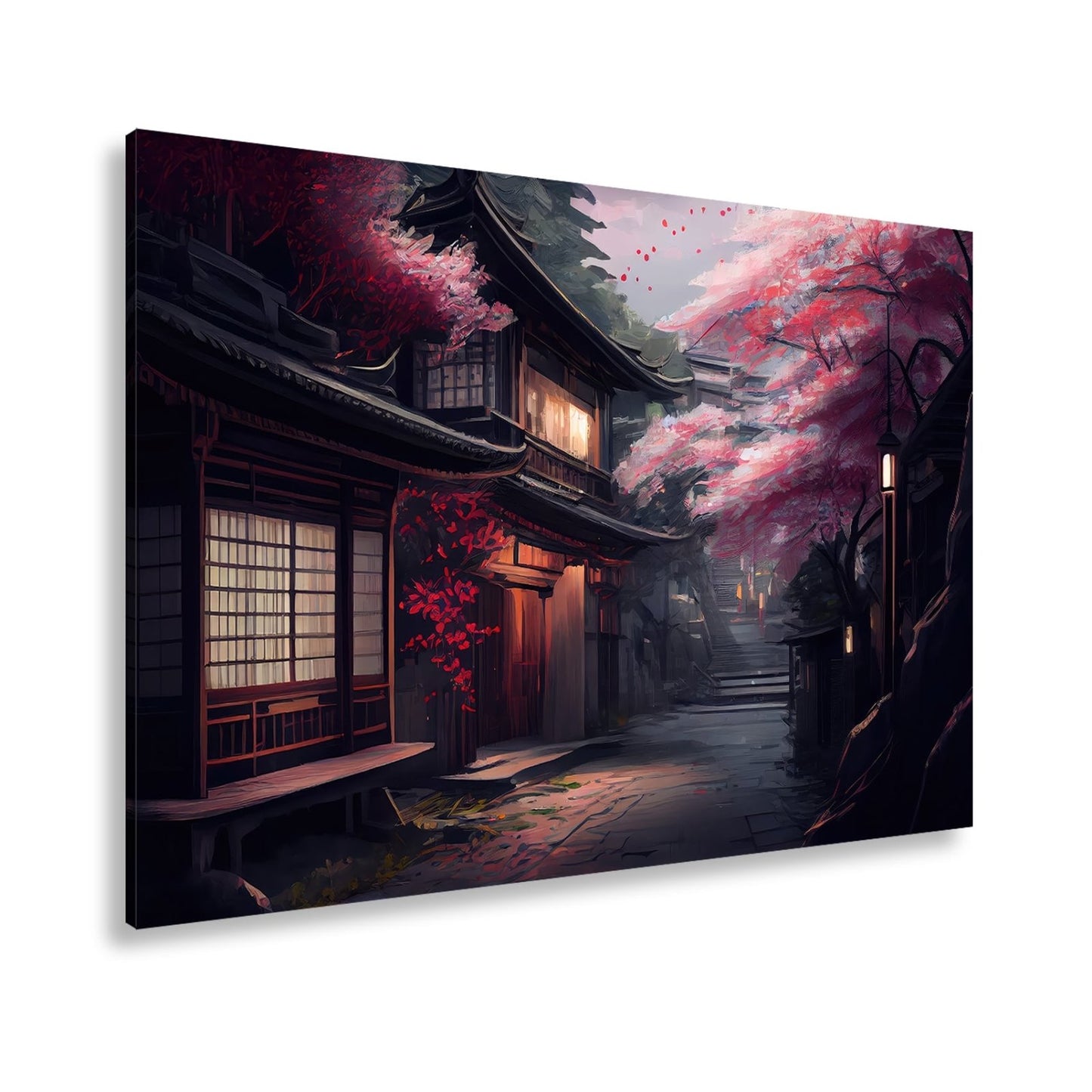 Leinwandbild Kirschblüten Gasse Abendlicht – Romantische Straße XXL Canvas - deyoli