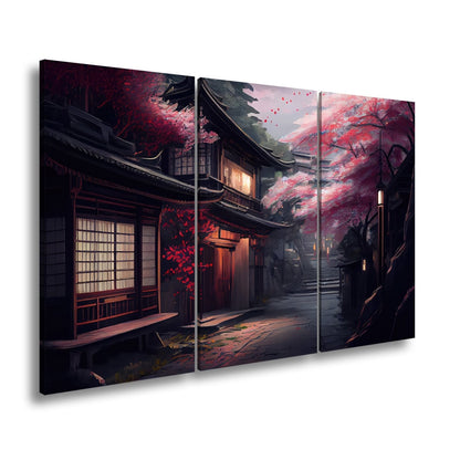 Leinwandbild Kirschblüten Gasse Abendlicht – Romantische Straße XXL Canvas - deyoli