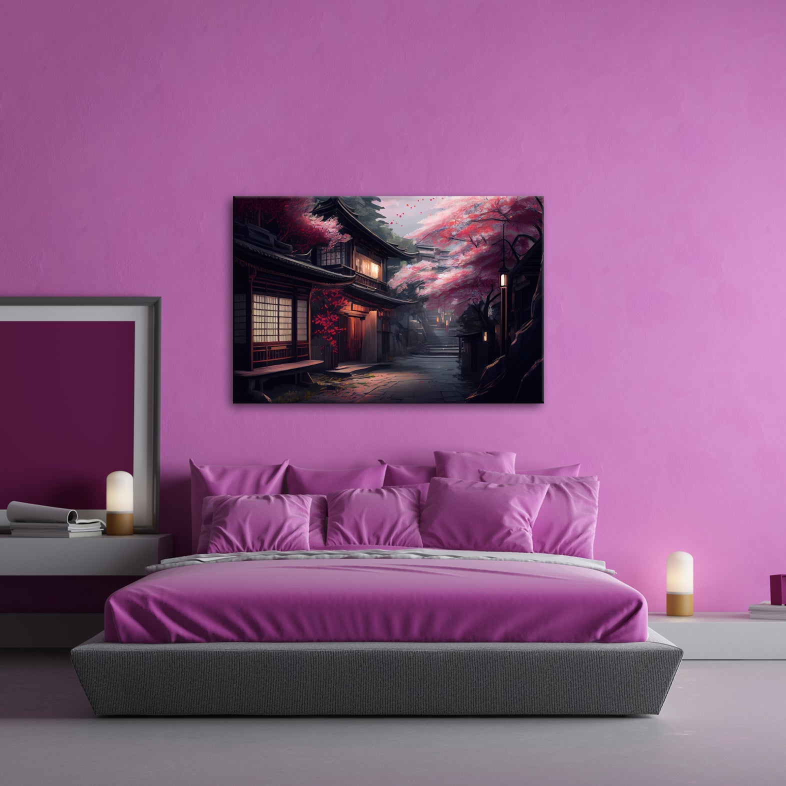 Leinwandbild Kirschblüten Gasse Abendlicht – Romantische Straße XXL Canvas - deyoli