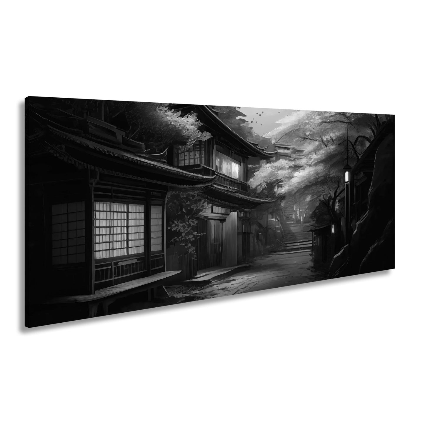 Leinwandbild Kirschblüten Gasse Abendlicht – Romantische Straße XXL Canvas - deyoli