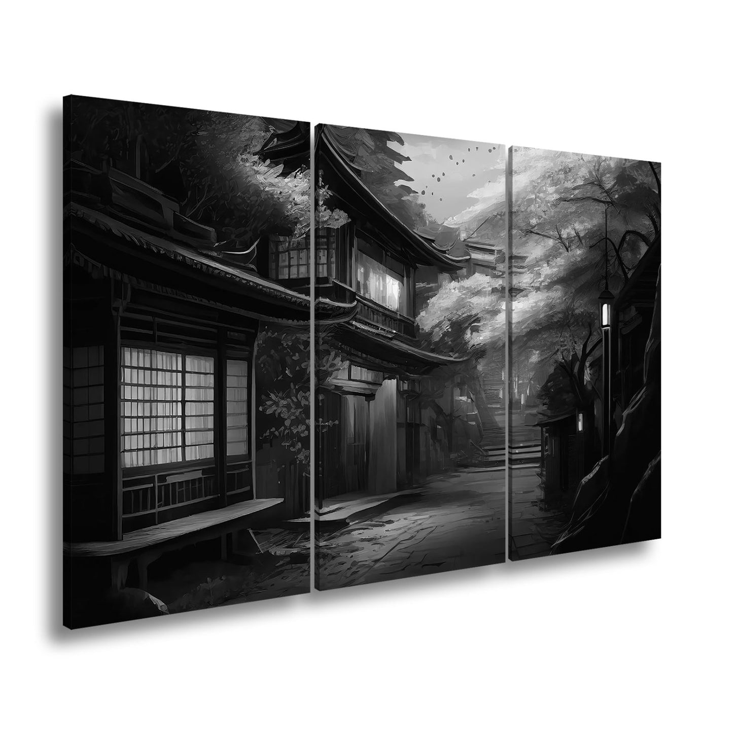 Leinwandbild Kirschblüten Gasse Abendlicht – Romantische Straße XXL Canvas - deyoli