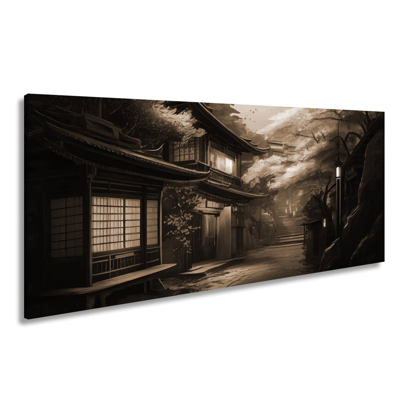 Leinwandbild Kirschblüten Gasse Abendlicht – Romantische Straße XXL Canvas - deyoli