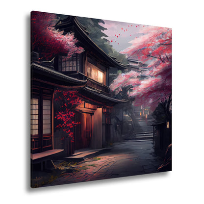 Leinwandbild Kirschblüten Gasse Abendlicht – Romantische Straße XXL Canvas - deyoli