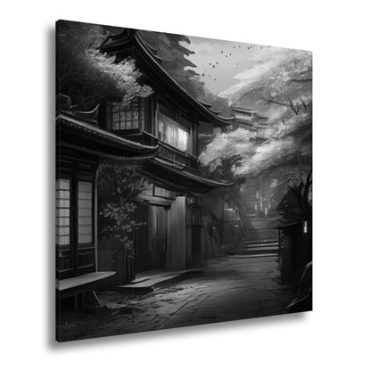 Leinwandbild Kirschblüten Gasse Abendlicht – Romantische Straße XXL Canvas - deyoli