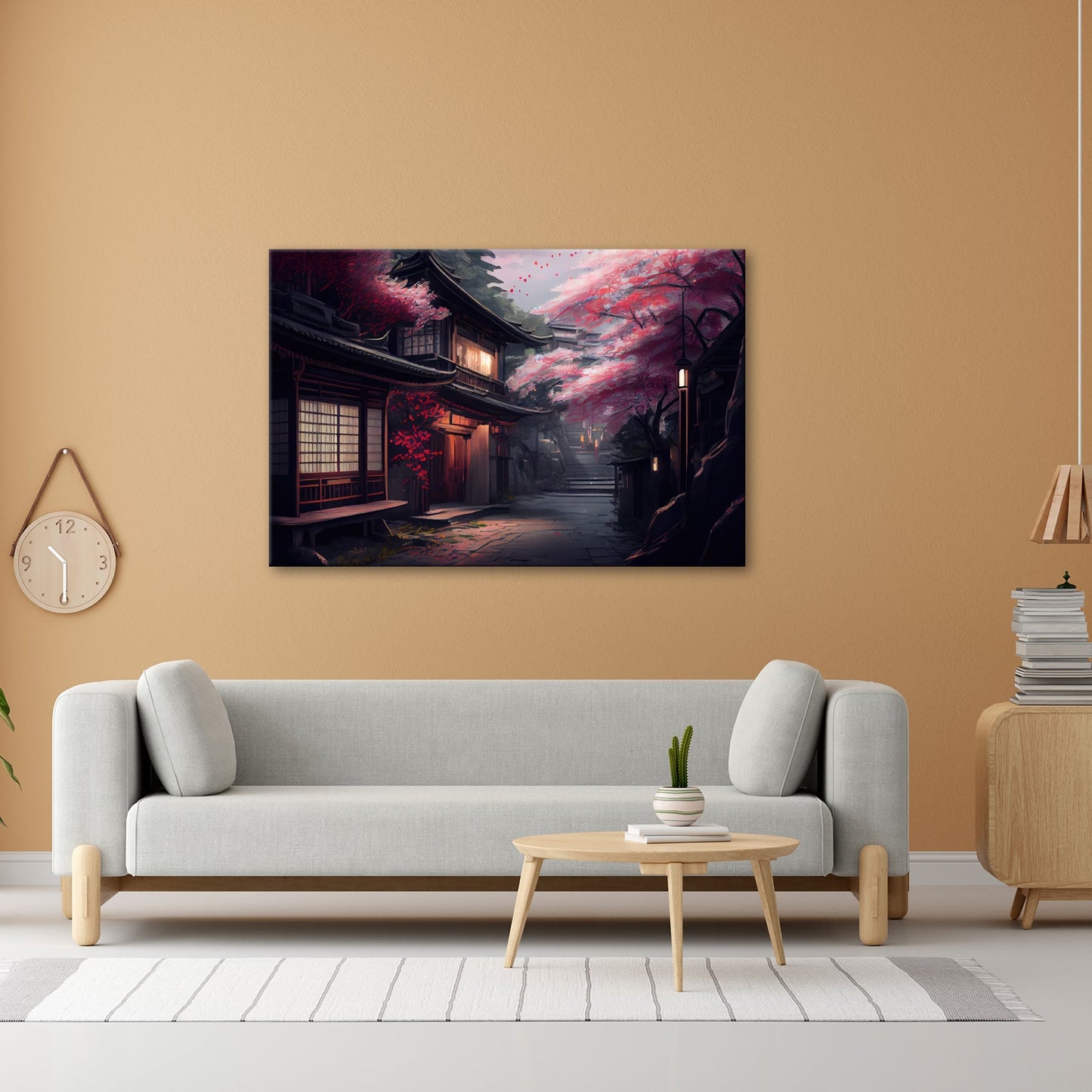 Leinwandbild Kirschblüten Gasse Abendlicht – Romantische Straße XXL Canvas - deyoli