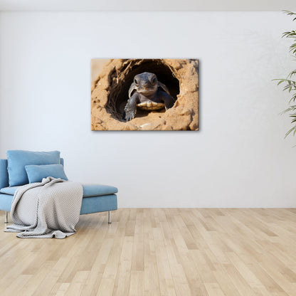 Leinwandbild Kleine Schildkröte, neugierig am Rand der weiten Welt - deyoli
