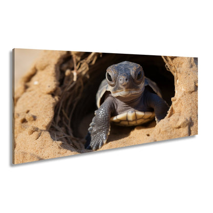 Leinwandbild Kleine Schildkröte, neugierig am Rand der weiten Welt - deyoli