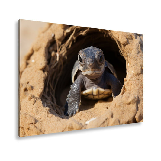 Leinwandbild Kleine Schildkröte, neugierig am Rand der weiten Welt - deyoli