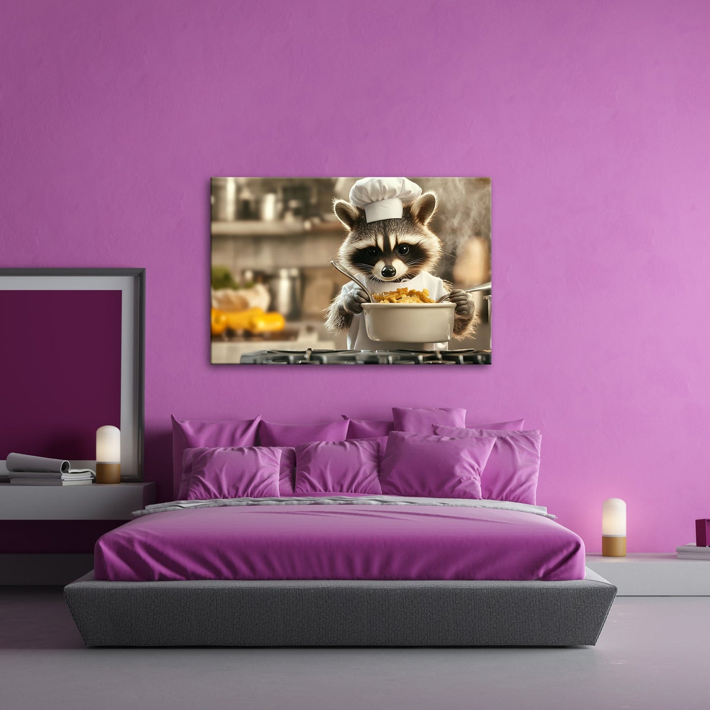 Leinwandbild Kleiner Koch, große Pfanne – Waschbär am Herd. - deyoli