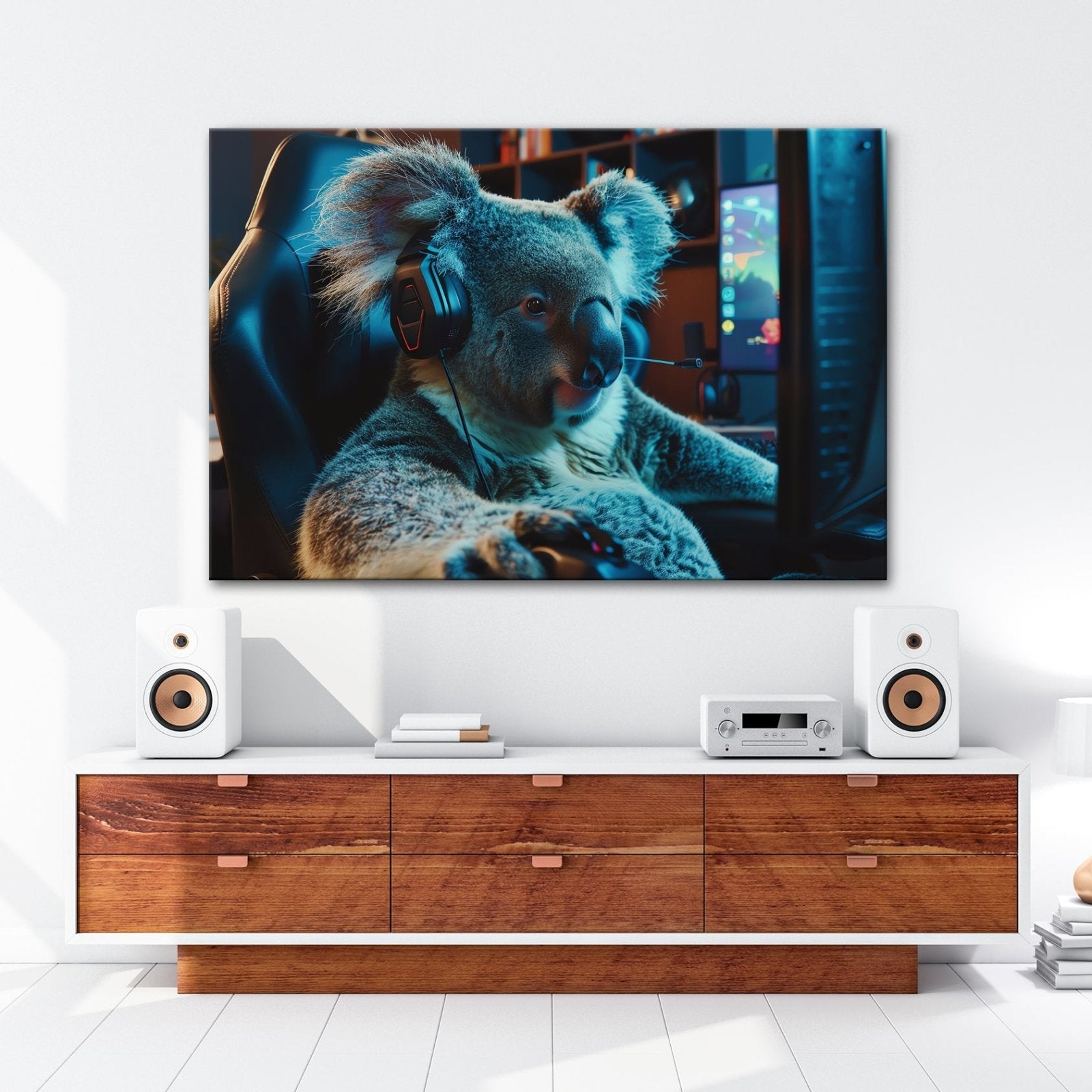 Leinwandbild Koala - Gamer – konzentriert am Controller im Neonlicht. - deyoli