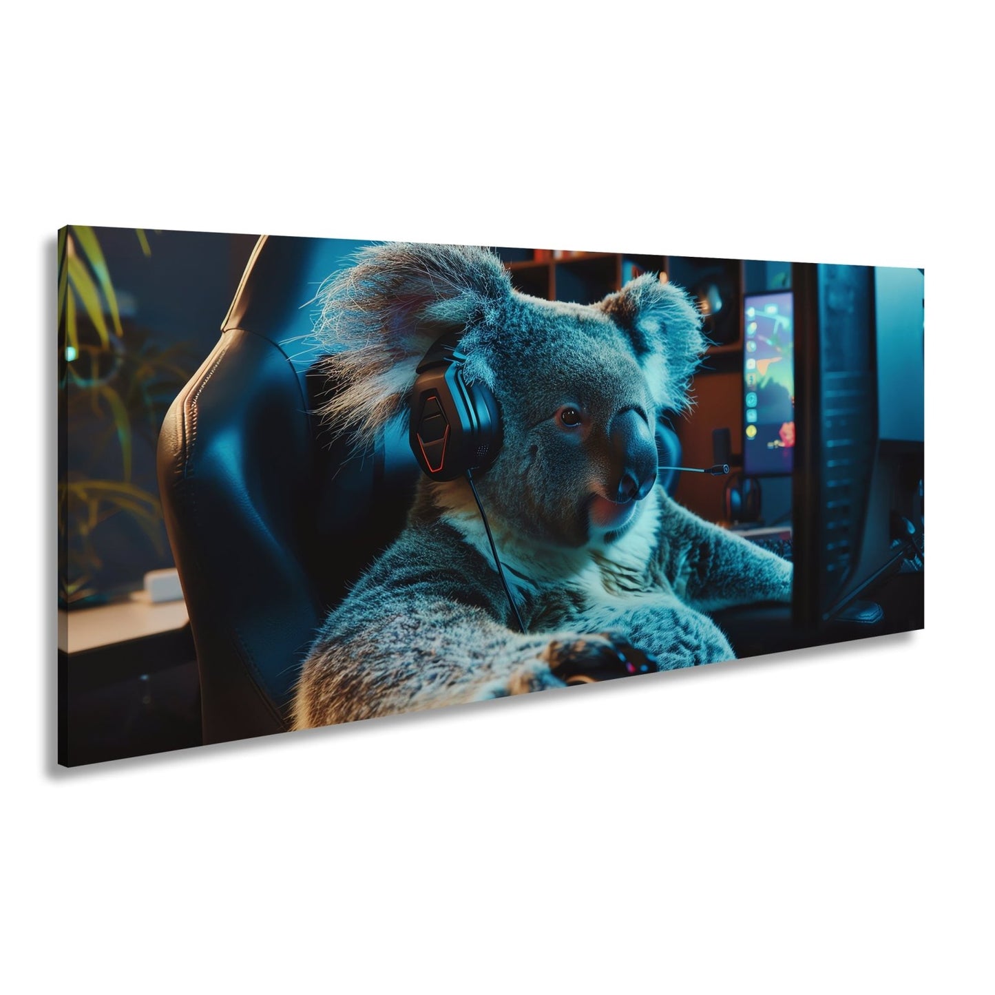 Leinwandbild Koala - Gamer – konzentriert am Controller im Neonlicht. - deyoli