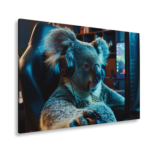 Leinwandbild Koala - Gamer – konzentriert am Controller im Neonlicht. - deyoli