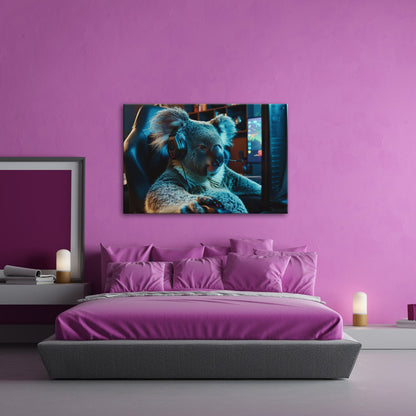 Leinwandbild Koala - Gamer – konzentriert am Controller im Neonlicht. - deyoli