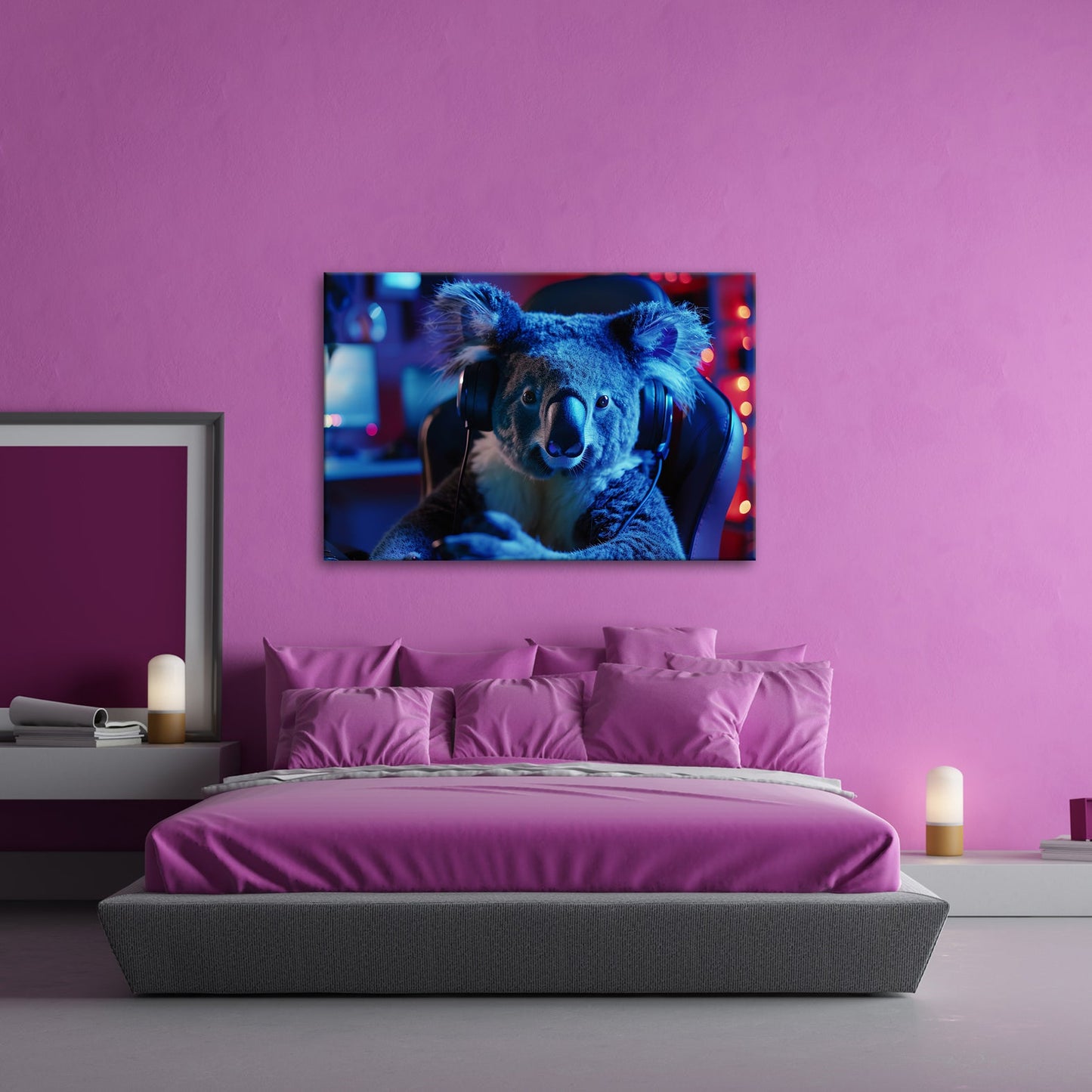 Leinwandbild Koala im Gaming - Fieber – Fokus im blauen Neonlicht. - deyoli