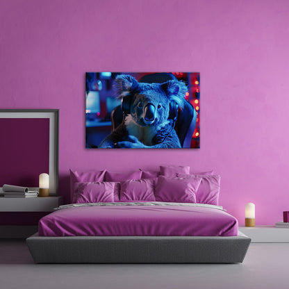 Leinwandbild Koala im Gaming - Fieber – Fokus im blauen Neonlicht. - deyoli