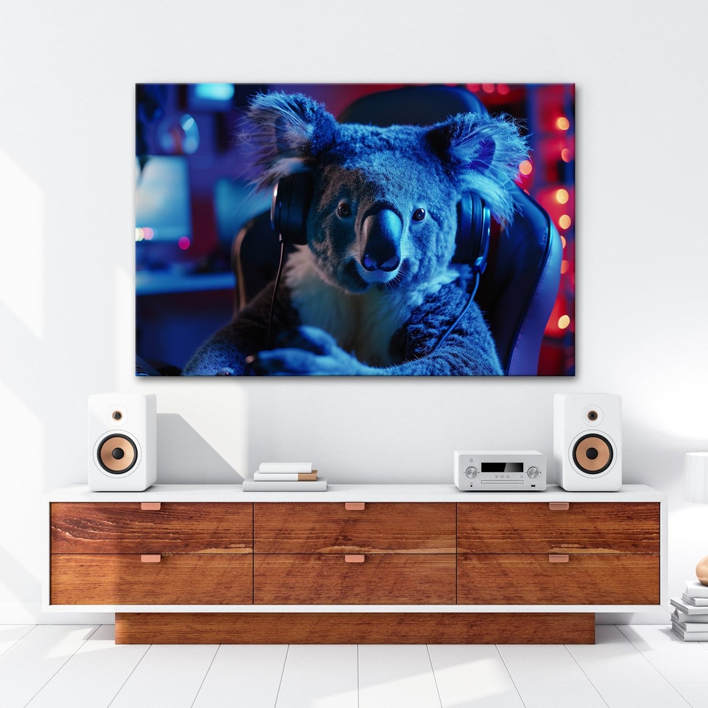 Leinwandbild Koala im Gaming - Fieber – Fokus im blauen Neonlicht. - deyoli