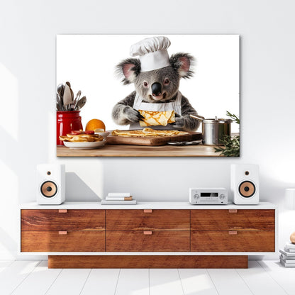 Leinwandbild Koala - Koch zaubert Pfannkuchen mit Liebe und Präzision. - deyoli
