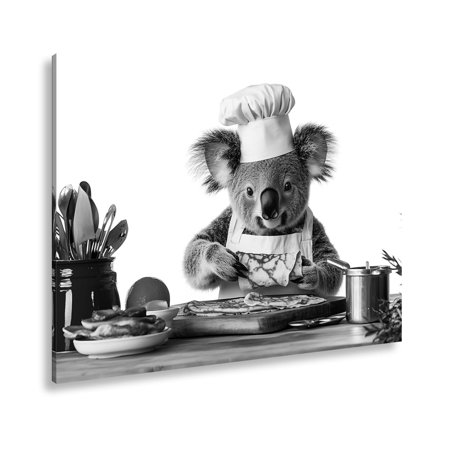 Leinwandbild Koala - Koch zaubert Pfannkuchen mit Liebe und Präzision. - deyoli