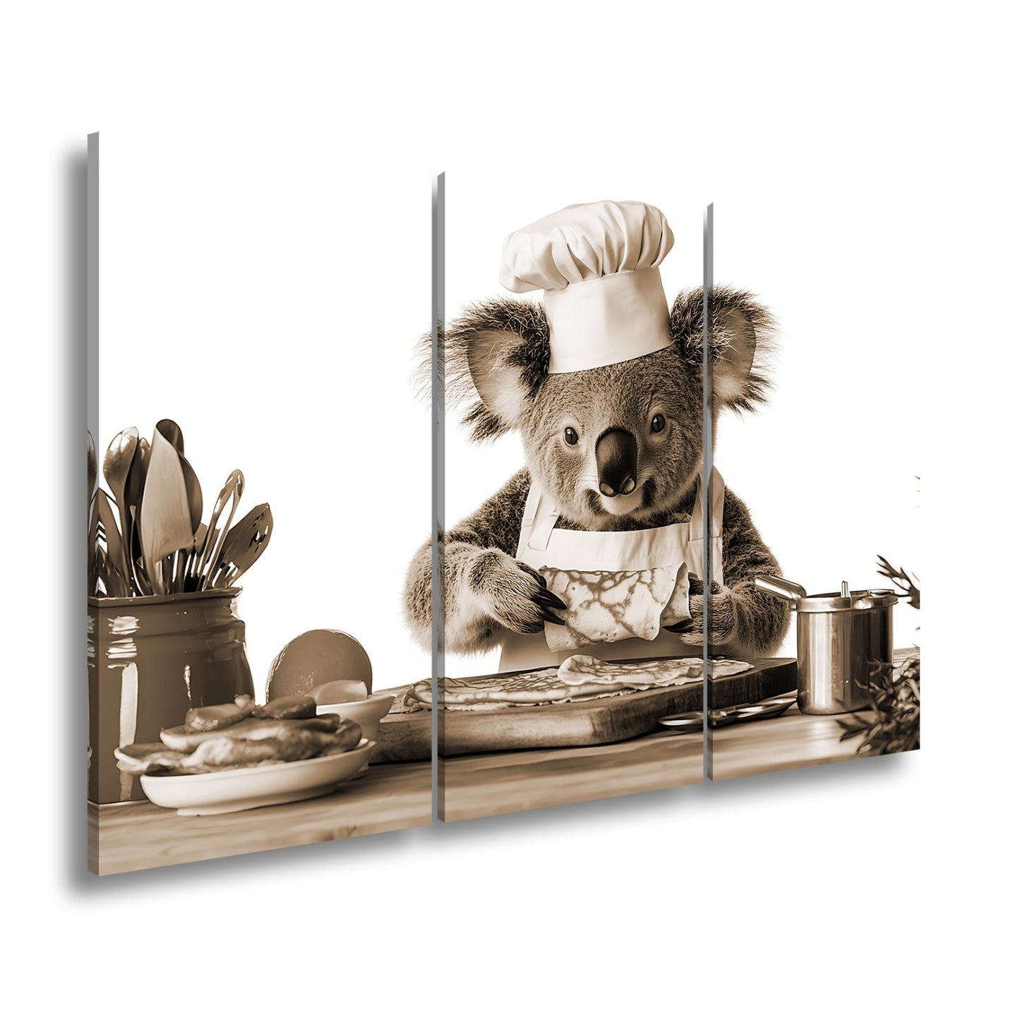 Leinwandbild Koala - Koch zaubert Pfannkuchen mit Liebe und Präzision. - deyoli