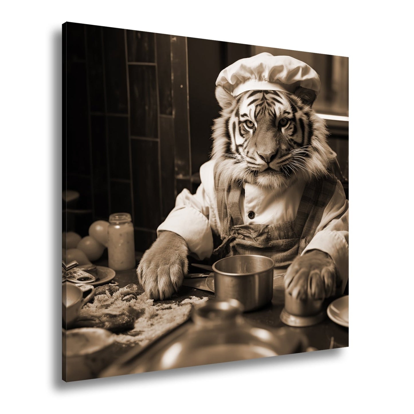 Leinwandbild König der Küche – der Tiger kocht mit majestätischem Blick. - deyoli