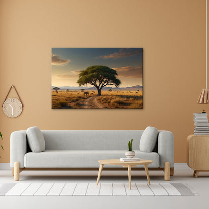 Leinwandbild Königlicher Baum thront über Löwen im Abendlicht. - deyoli