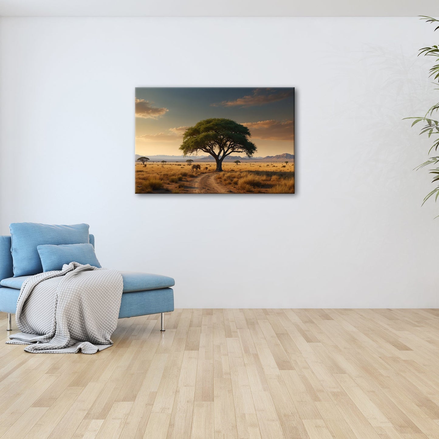 Leinwandbild Königlicher Baum thront über Löwen im Abendlicht. - deyoli