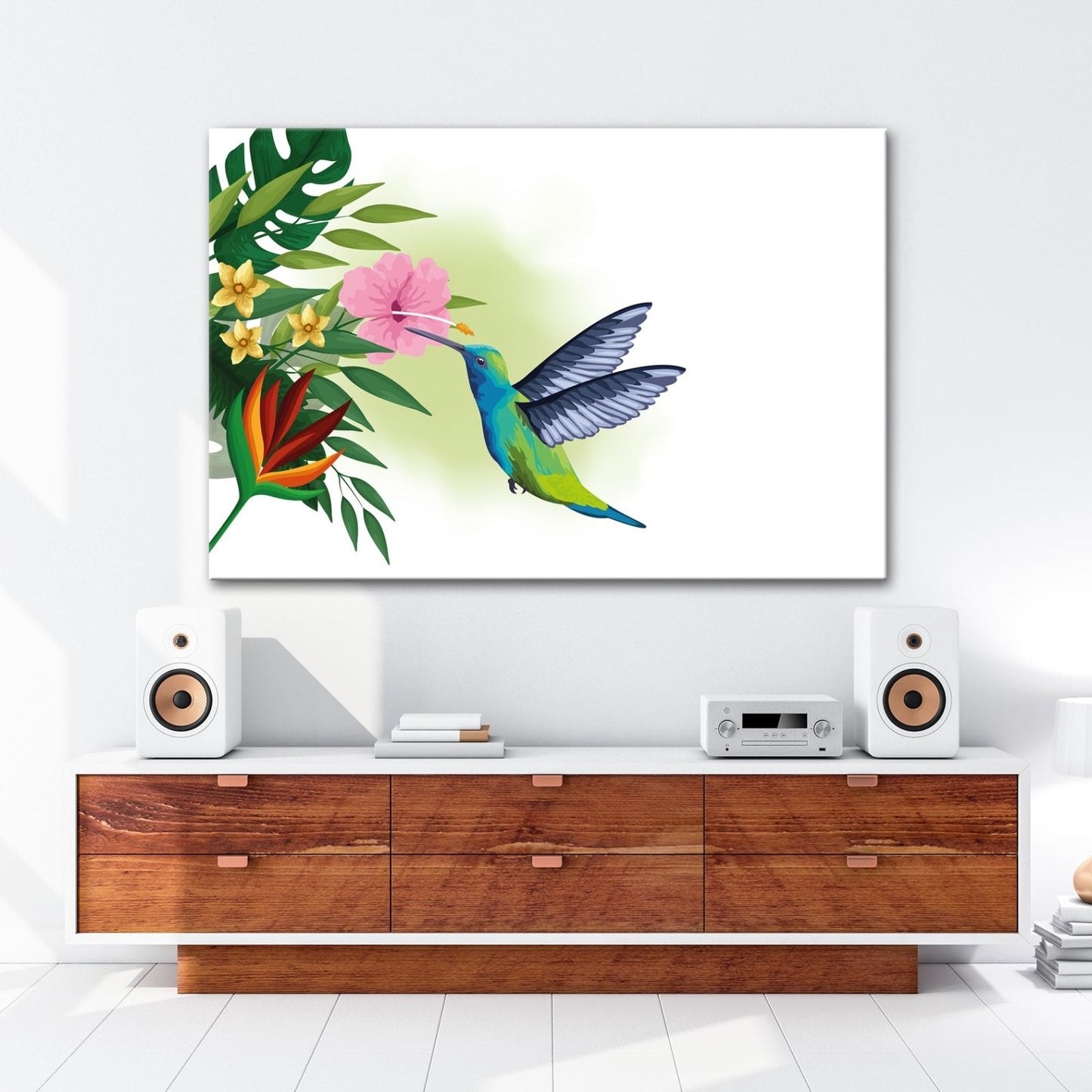 Leinwandbild Kolibri küsst eine Blüte im tropischen Farbenspiel - deyoli
