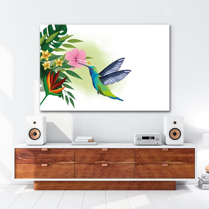 Leinwandbild Kolibri küsst eine Blüte im tropischen Farbenspiel - deyoli