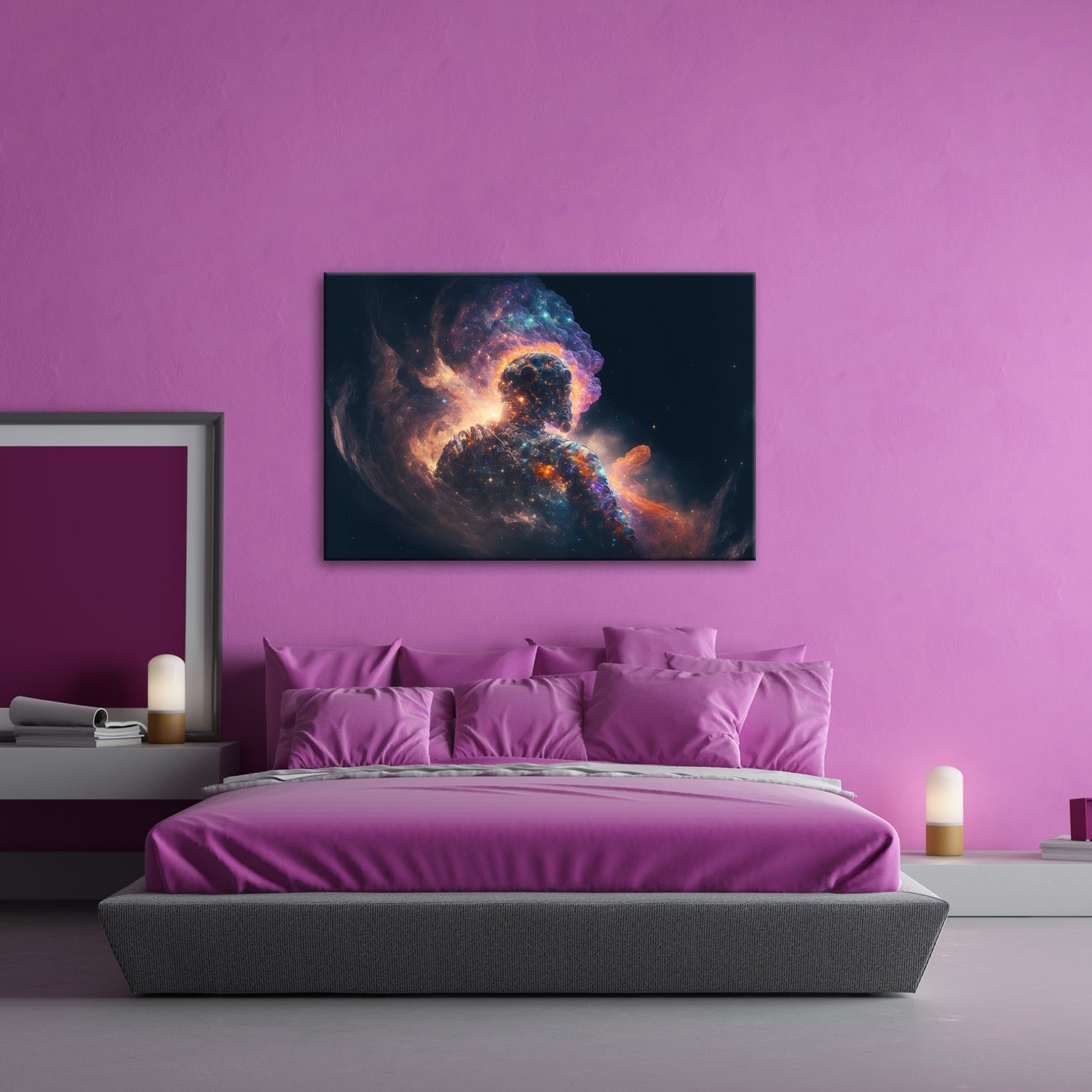 Leinwandbild Kosmische Gestalt schwebt im Licht der Galaxien XXL – Weltraum - deyoli