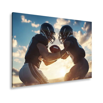Leinwandbild Kraftvoller Moment – Footballer im Duell gegen das Licht. - deyoli