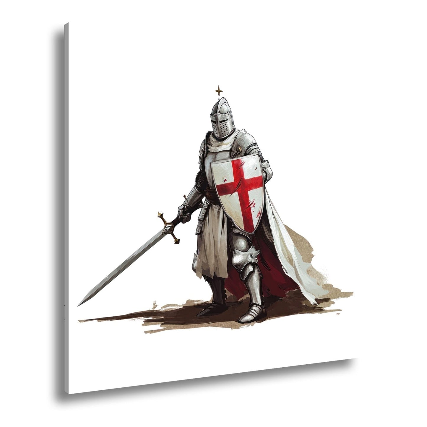 Leinwandbild Krieger in Stahl, das Kreuz auf Schild und Schwert bereit. - deyoli