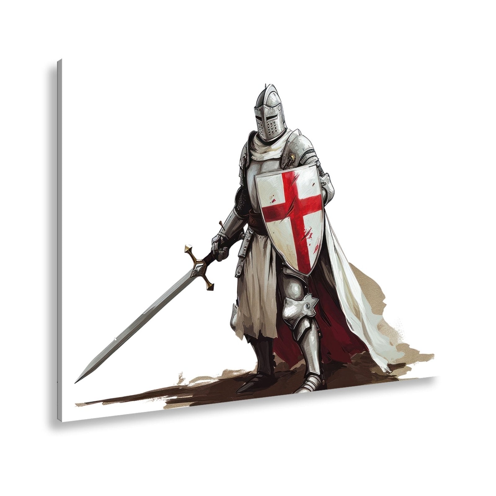 Leinwandbild Krieger in Stahl, das Kreuz auf Schild und Schwert bereit. - deyoli
