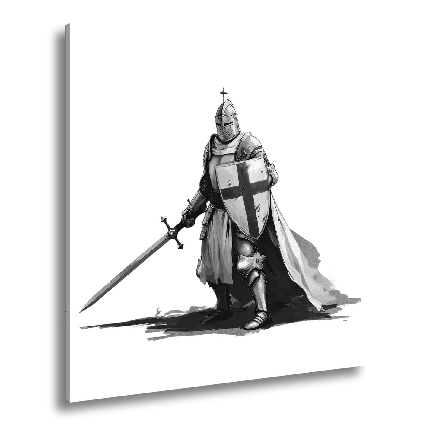 Leinwandbild Krieger in Stahl, das Kreuz auf Schild und Schwert bereit. - deyoli